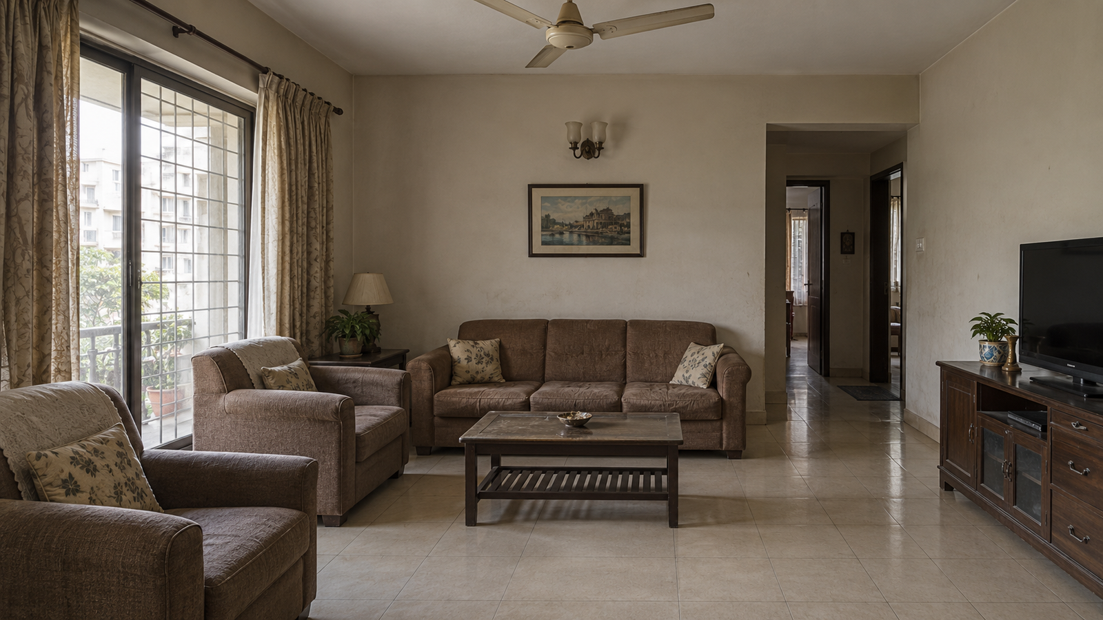 The same living room in Noida before the transformation